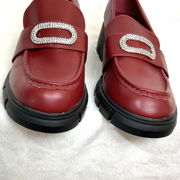 ZBY Chunky Rhinestone Platform Burgundy Loafer Y2K Slip On Lug Sole Dressy Shoes - Picture 5 of 10